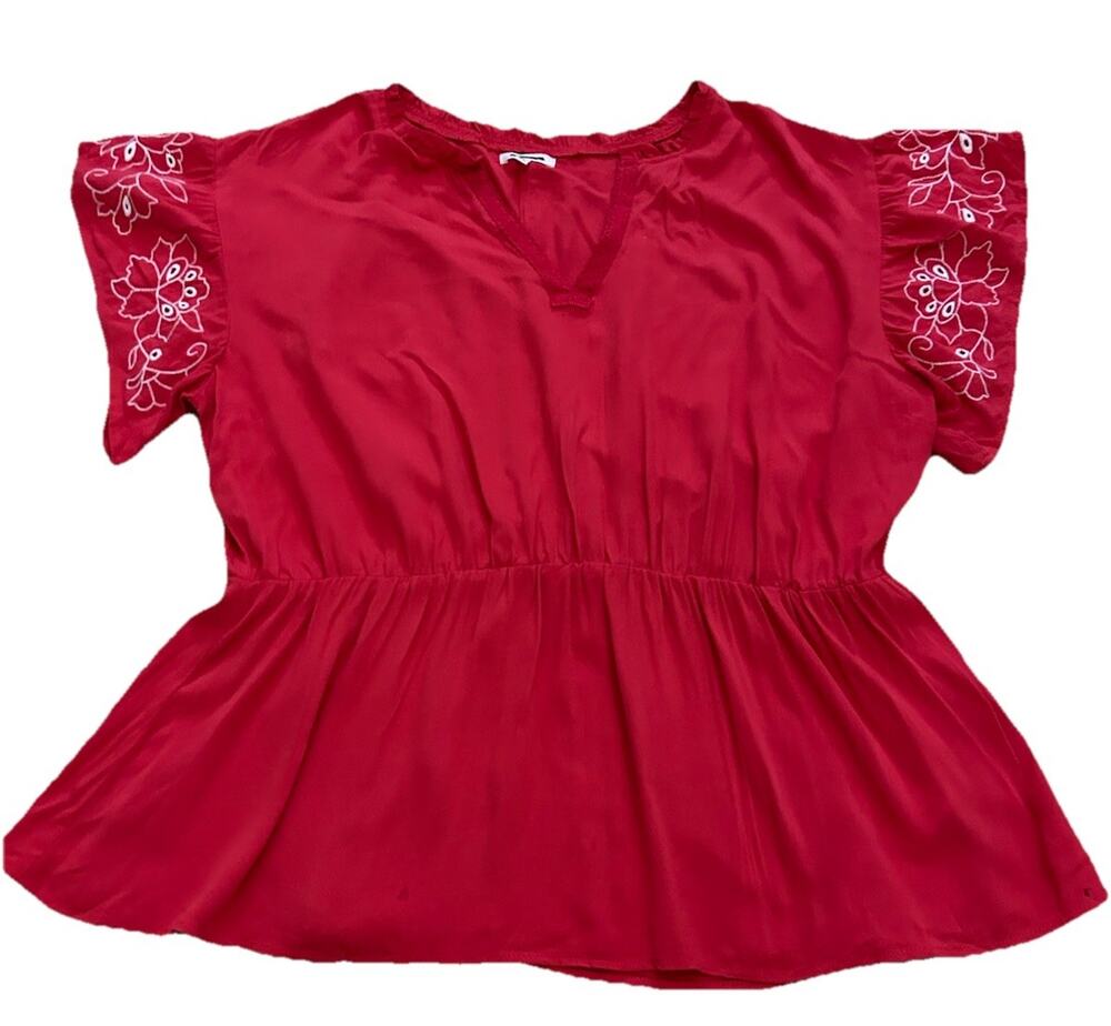 Womens XL Blouse Short Sleeve Red Lace Floral Fairycore Boho Feminine Fairy 1XL